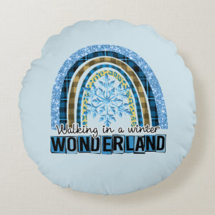 Walking in a Winter Wonderland Blue Rainbow Round Cushion