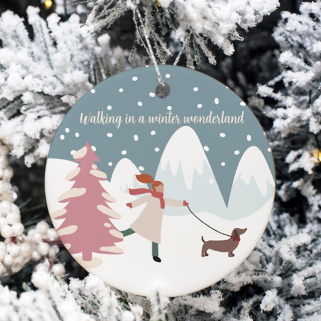 Walking in a Winter Wonderland Dog Pet themed  Ceramic Ornament (walking in a winter wonderland christmas holiday ornament featuring a woman walking her dog)