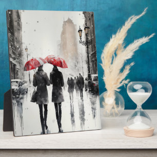 Walking in the Rain Watercolor Print Plaque