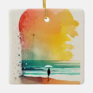 Walking into the Waves Abstract Beach Art Ceramic Ornament