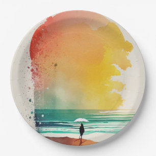 Walking into the Waves Abstract Beach Art Paper Plate