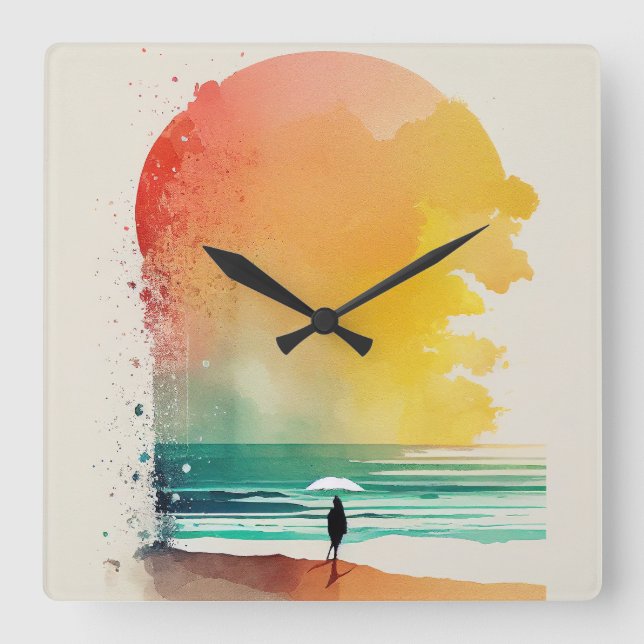 Walking into the Waves Abstract Beach Art Square Wall Clock (Front)
