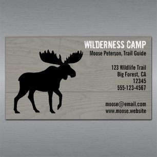 Walking Moose Silhouette on Faux Wood Grain Style Magnetic Business Card