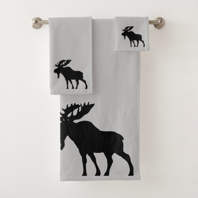 Walking Moose Silhouette On Grey Bath Towel Set (Insitu)