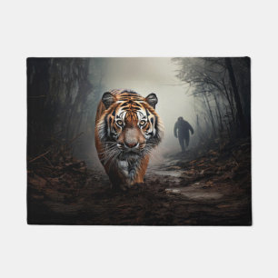 Walking Old black and orange tiger surreal forest Doormat