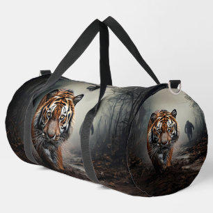 Walking Old black and orange tiger surreal forest Duffle Bag