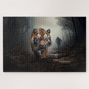 Walking Old black and orange tiger surreal forest Jigsaw Puzzle