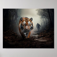 Walking Old black and orange tiger surreal forest