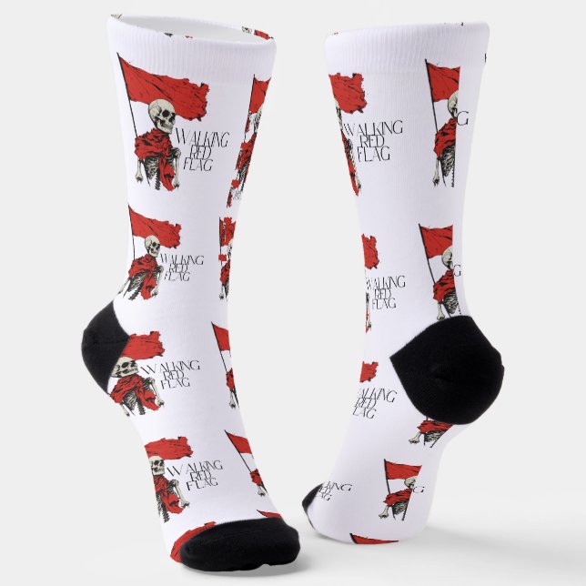 Walking Red Flag Skeleton | Edgy Minimalist Humour Socks (Angled)