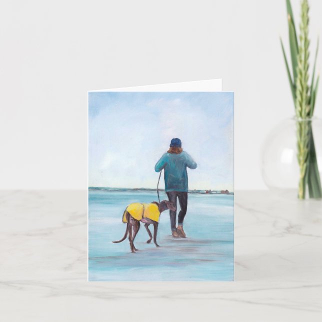 Walking y Greyhound Dog Art Note Card (Front)