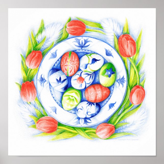Wall Art Spring Tulips, Eggs, Plate 12"x12" Poster (Front)
