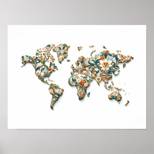 Wall Art World Map with Majolica design Poster (Front)
