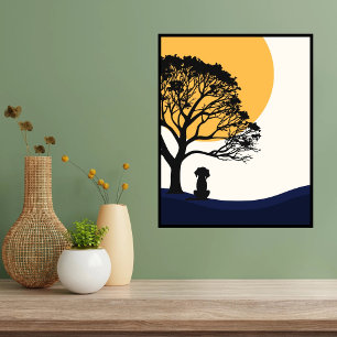 Wall art, yellow sun,dog,tree poster
