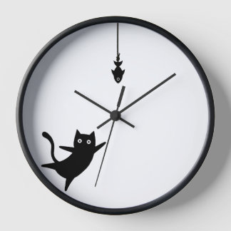 Wall Clock black cat catches a fish 