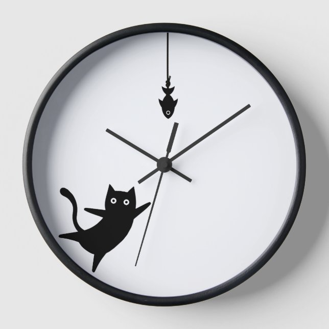 Wall Clock black cat catches a fish  (Front)
