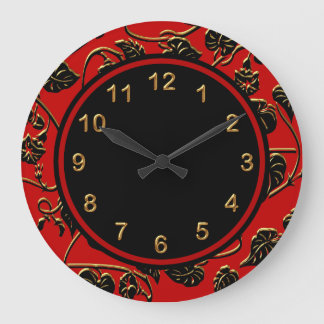 Wall Clock Black Red Gold Trim Damask Floral