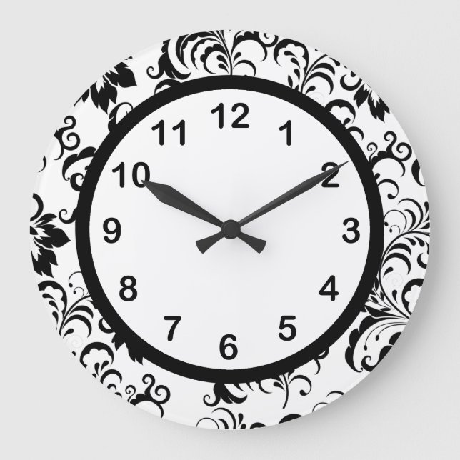 Wall Clock Black White Trim Damask Floral (3) (Front)
