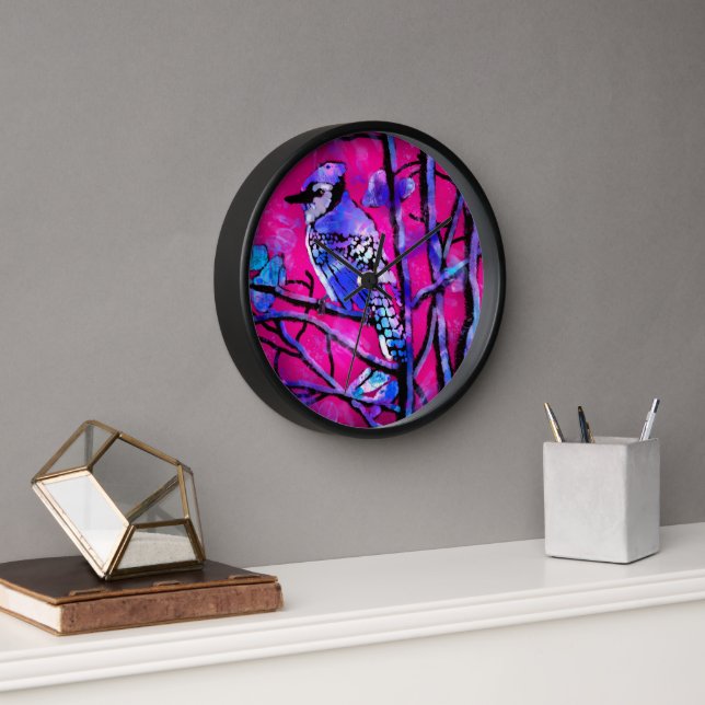 Wall Clock Blue Jay Whimsical Abstract Pink (Office)