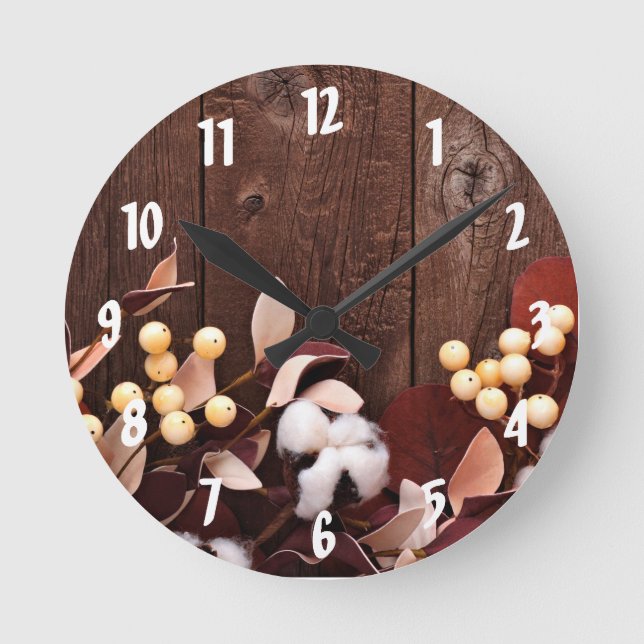 Wall Clock Cotton Branch on Dark Wood Stem Country (Front)