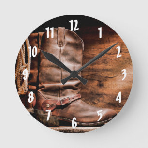 Wall Clock Cowboy Boots Barn Wood Rustic Country R