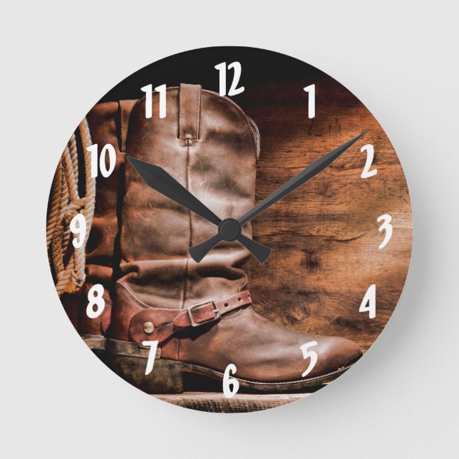 Wall Clock Cowboy Boots Barn Wood Rustic Country R (Front)
