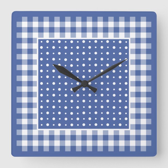 Wall Clock, Dark Blue Polka Dots, Check Gingham Square Wall Clock (Front)