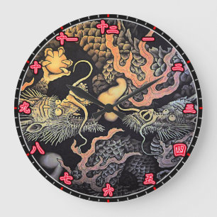 Wall Clock Dragons Temple Japanese Kanji Numerals