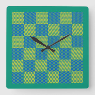 Wall Clock, Emerald and Blue Patchwork Pattern Square Wall Clock