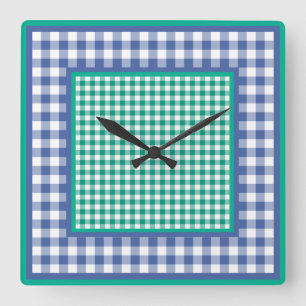 Wall Clock, Emerald Green and Blue Check Gingham Square Wall Clock