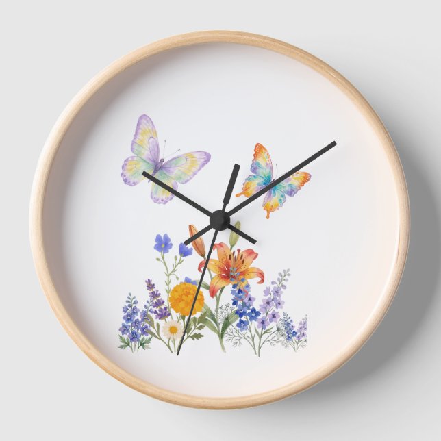 Wall Clock Flowers & Butterflies – Elegant Decor (Front)