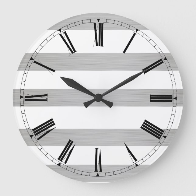 Wall Clock - Modern Metal Roman Numerals Striped (Front)