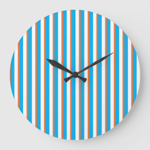 Wall Clock: Orange, Turquoise Blue, White Stripes Large Clock