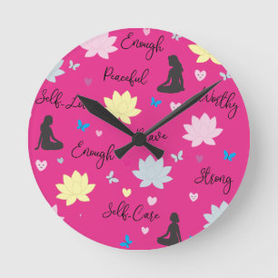 Wall Clock Pink Lotus Boho Design (Black Hand)