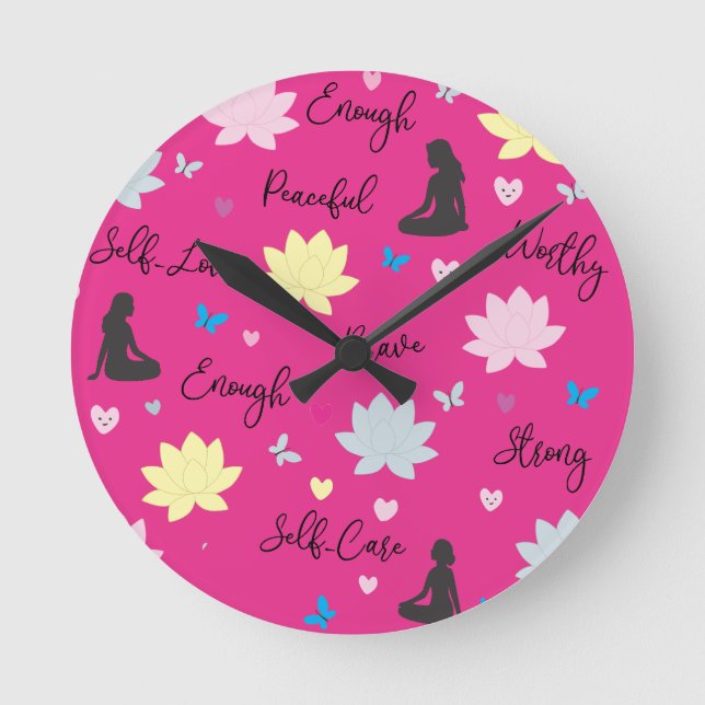 Wall Clock | Pink Lotus Boho Design (Black Hand) (Front)