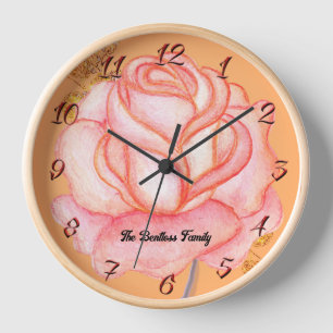 Wall Clock Pink Rose & Wood Frame
