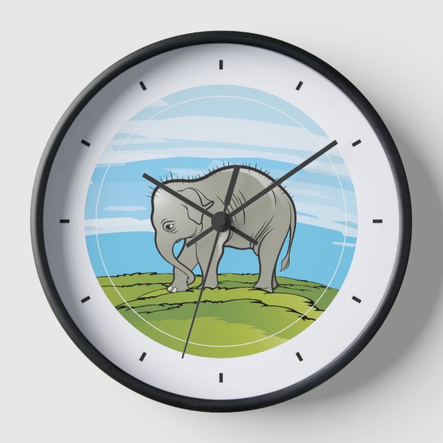 Wall clock with a baby elephant illustration (Front)
