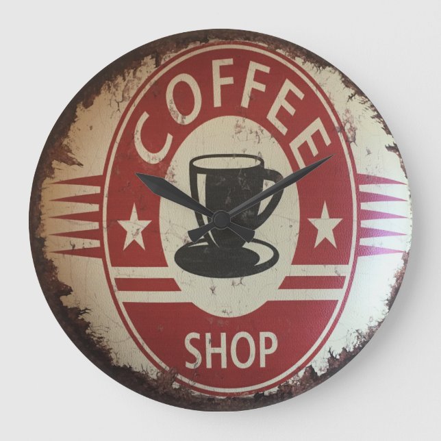 Wall clock with coffee shop sign with red, black (Front)
