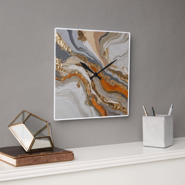 Wall clock with dreamy orange and grey marble (Office)