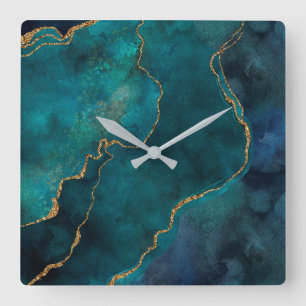 Wall Clocks - Blue and Teal Marble With Gold Veins