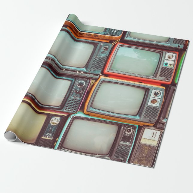 Wall of pile colourful retro television wrapping paper (Unrolled)