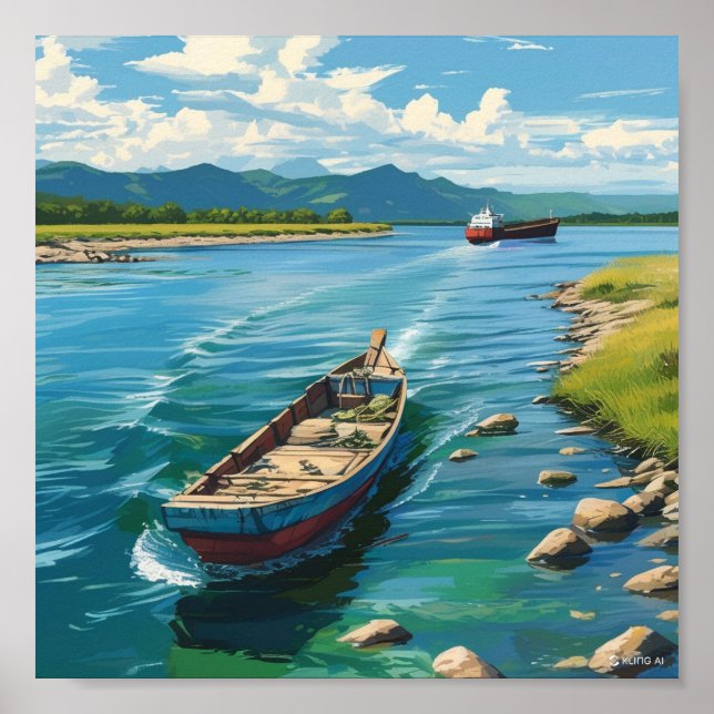 Wall painting of a boat in the sea and a ship on t poster (Front)