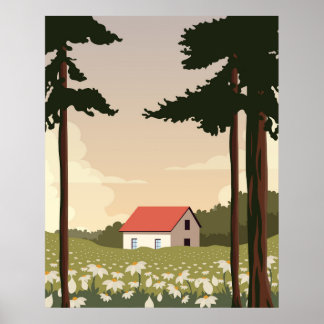 Wall poster forest landscape, house in the forest,