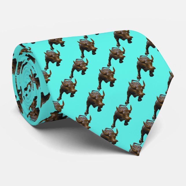 Wall Street Charging Bull Tie - Aqua BG (Rolled)