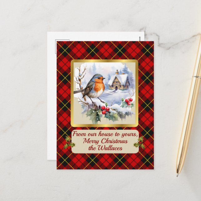 Wallace Crest & Tartan w/Robin Personalised Xmas Holiday Postcard (Front/Back In Situ)
