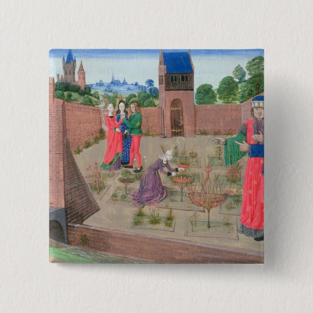 Walled garden with a woman gardening 15 cm square badge (Front)