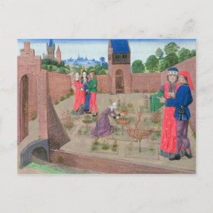 Walled garden with a woman gardening postcard