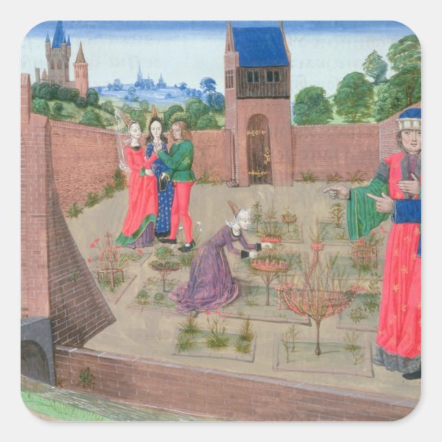 Walled garden with a woman gardening square sticker (Front)