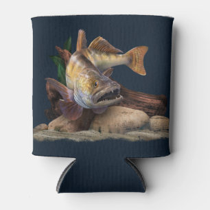 Walleye Fishing Illustration, Walleye Fisherman Can Cooler