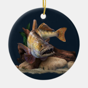 Walleye Fishing Illustration, Walleye Fisherman  Ceramic Ornament