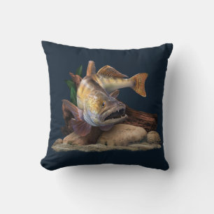 Walleye Fishing Illustration, Walleye Fisherman Cushion